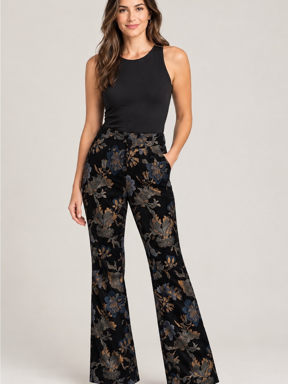 CAMBIO Floral Jacquard Trousers Black Blue Bronze Wide Leg Pants